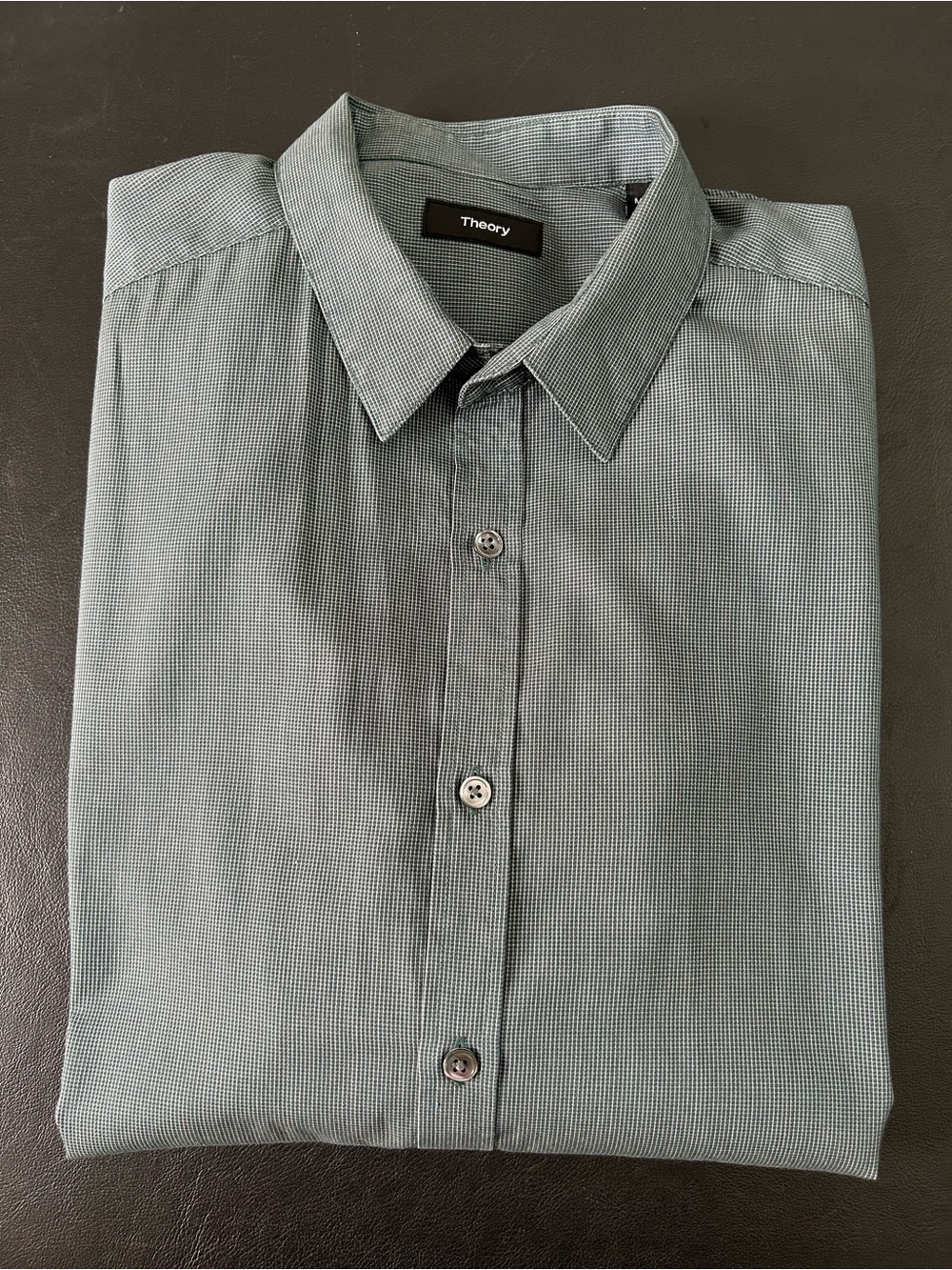 Theory Men's Teal Green Micro-Check Pattern Dress Shirt